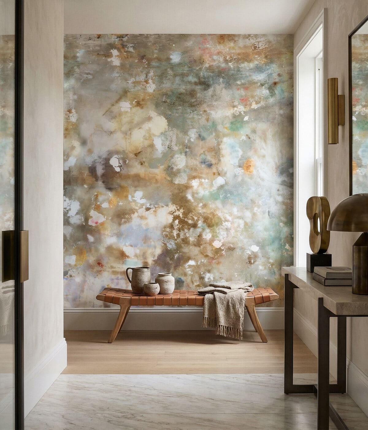 Editorial wallpaper interior with a finished feature wall