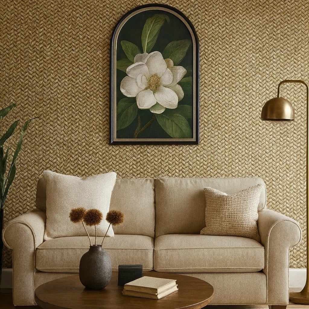 Textured wallcovering detail in a finished room